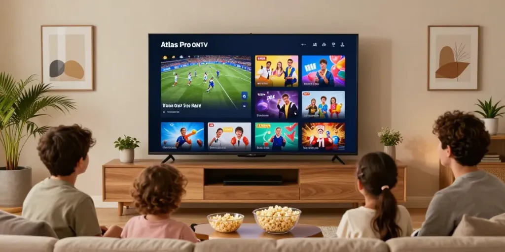 Famille profitant d'Atlas Pro ONTV dans un salon moderne avec écran plat.