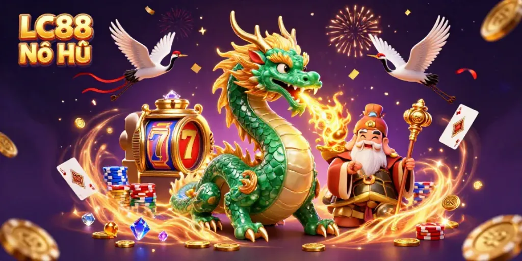 Experience the magic of LC88 Nổ Hũ with a powerful jade dragon and lively gaming elements.