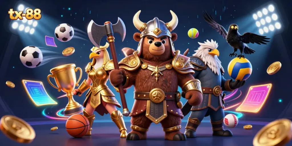 Feel the excitement with tx-88 featuring a Viking bear and Valkyrie eagle immersed in a dynamic gambling scene.