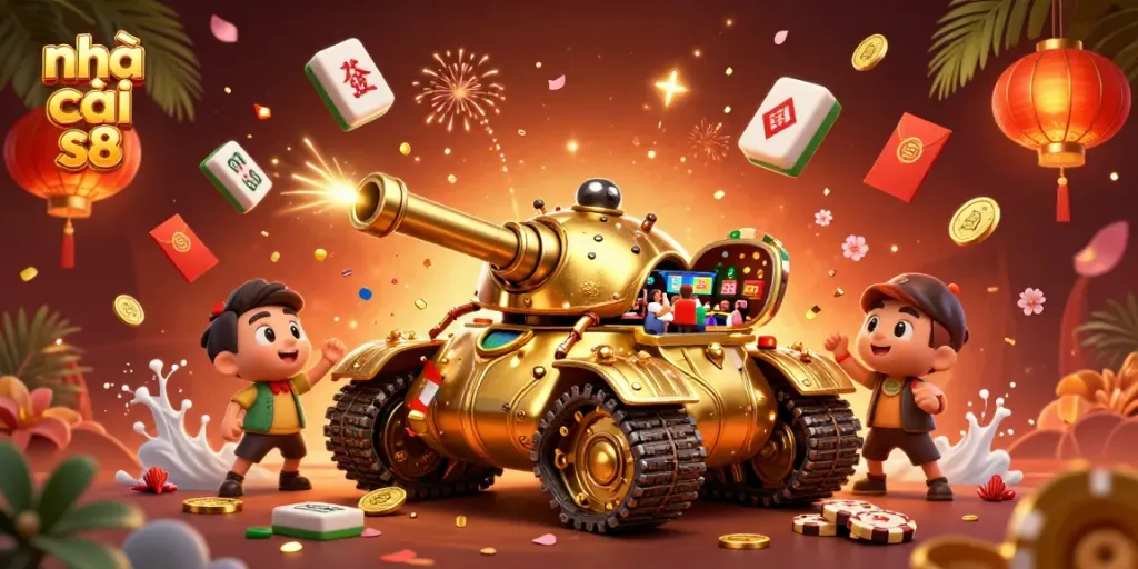 Engage in thrilling gaming action at nhà cái s8’s vibrant casino illustration featuring a dynamic golden beetle tank.