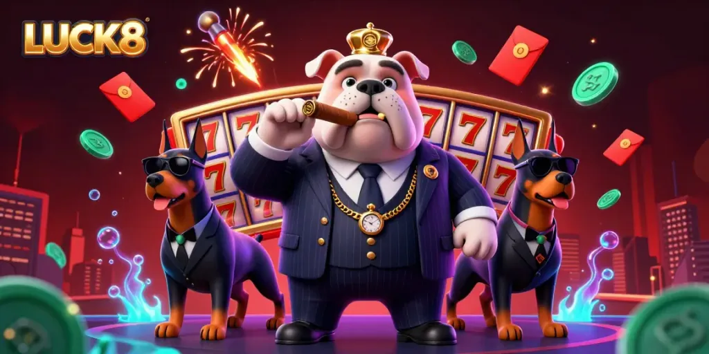 LUCK8 online casino scene featuring a mafia boss bulldog surrounded by slot reels, fireworks, and vibrant elements.