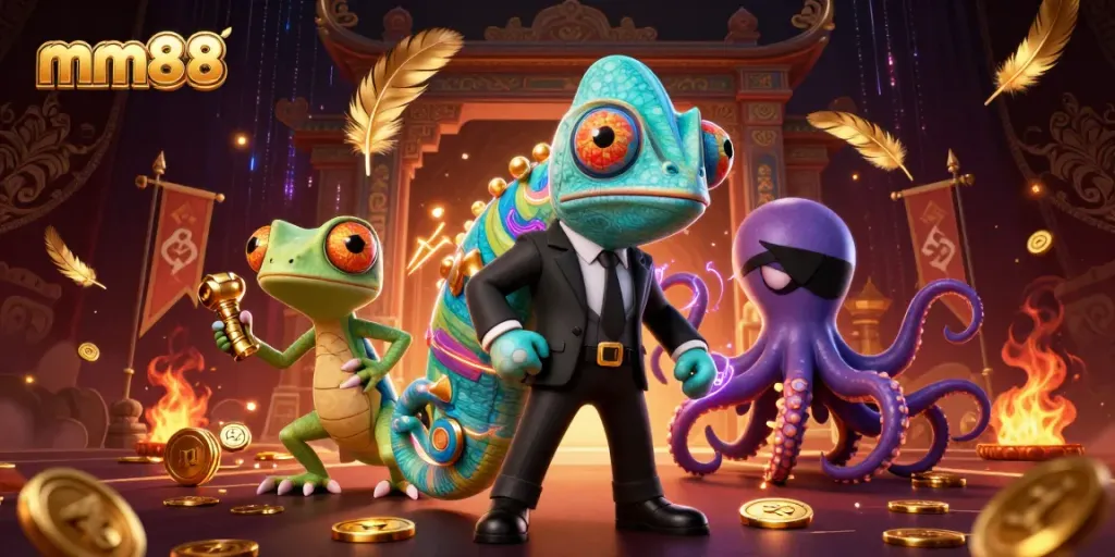 Engage in epic gaming adventures with mm88 featuring a 3D cartoon secret agent chameleon and dynamic casino elements.