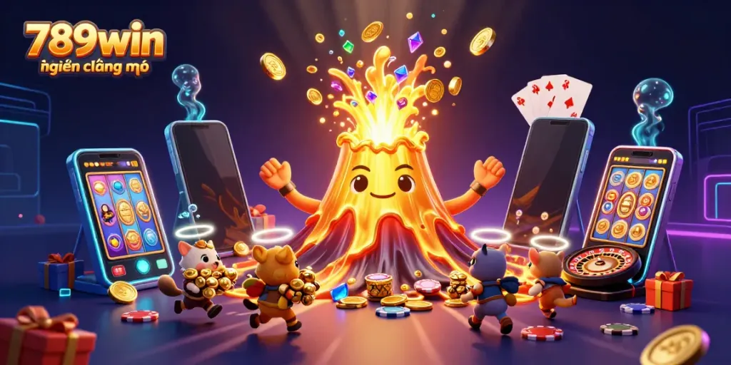 Engage with 789win hiện đang mở as golden lava erupts coins and gems amid thrilling casino elements.