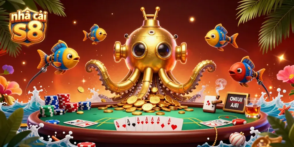 Experience thrilling moments at nhà cái s8 with a vibrant 3D casino scene featuring a golden kraken and poker elements.