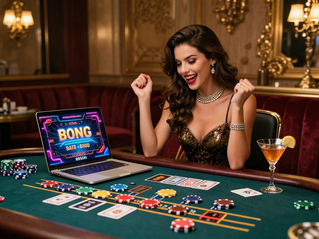 Casino en ligne retrait immédiat : femme célébrant une victoire au blackjack avec ambiance luxueuse et éléments de jeu.