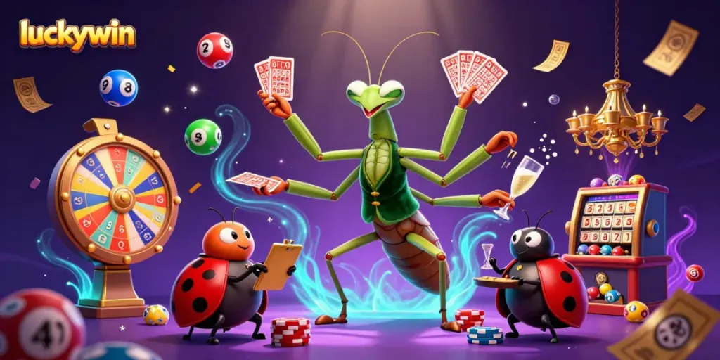 Engaging scene of luckywin characters officiating casino games, featuring a giant mantis and ladybug pit boss.