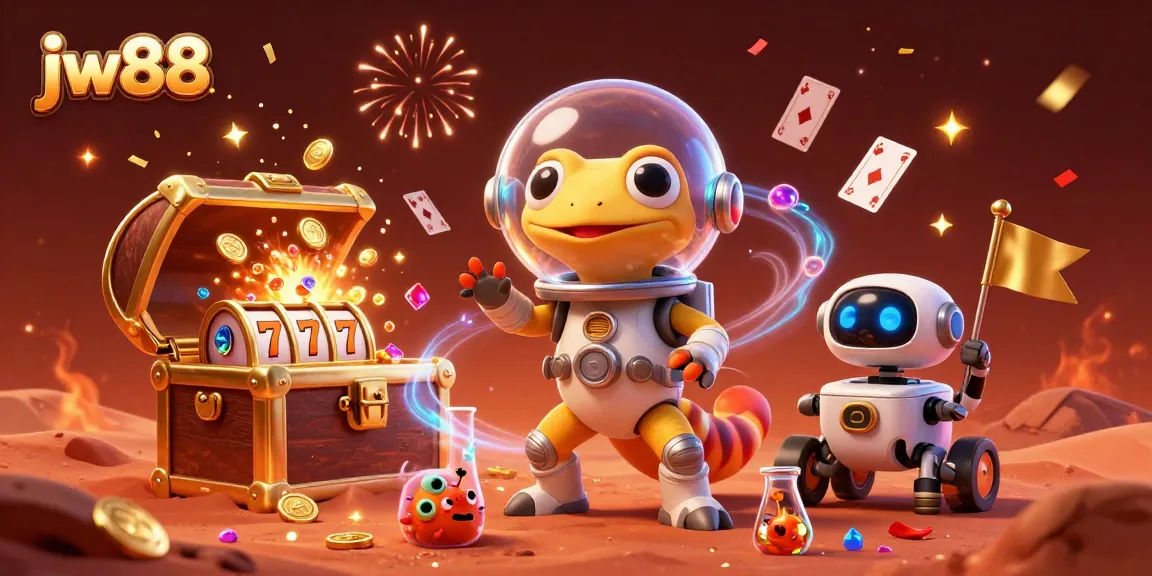 Experience the excitement of jw88 with a cartoon Martian gecko discovering a vibrant casino filled with treasures.