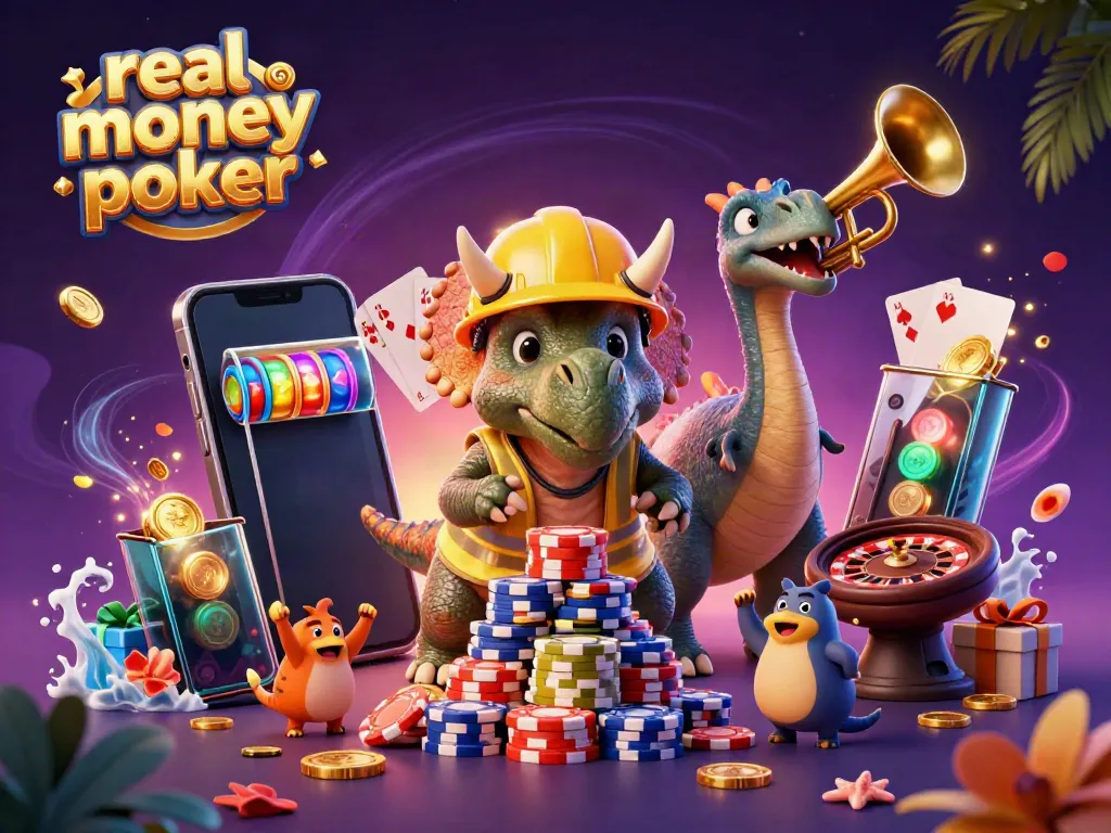 Experience real money poker excitement in this vibrant 3D illustration with playful dinosaur characters.
