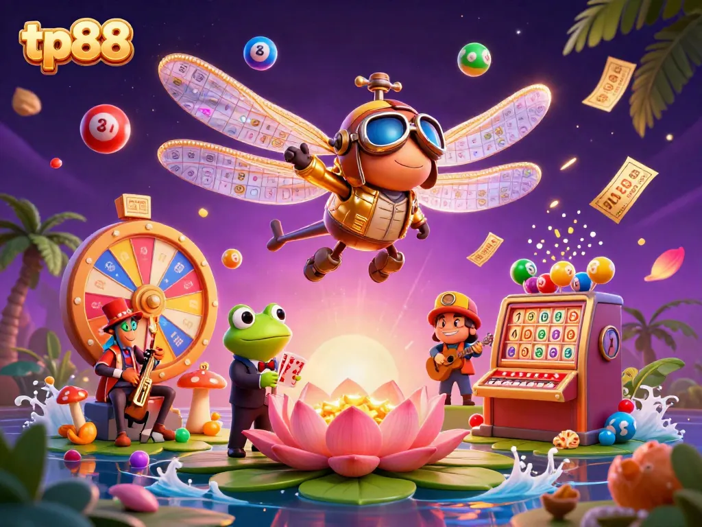 Engage with tp88 casino adventures with 3D characters in a lush lily pad scene filled with games and excitement.