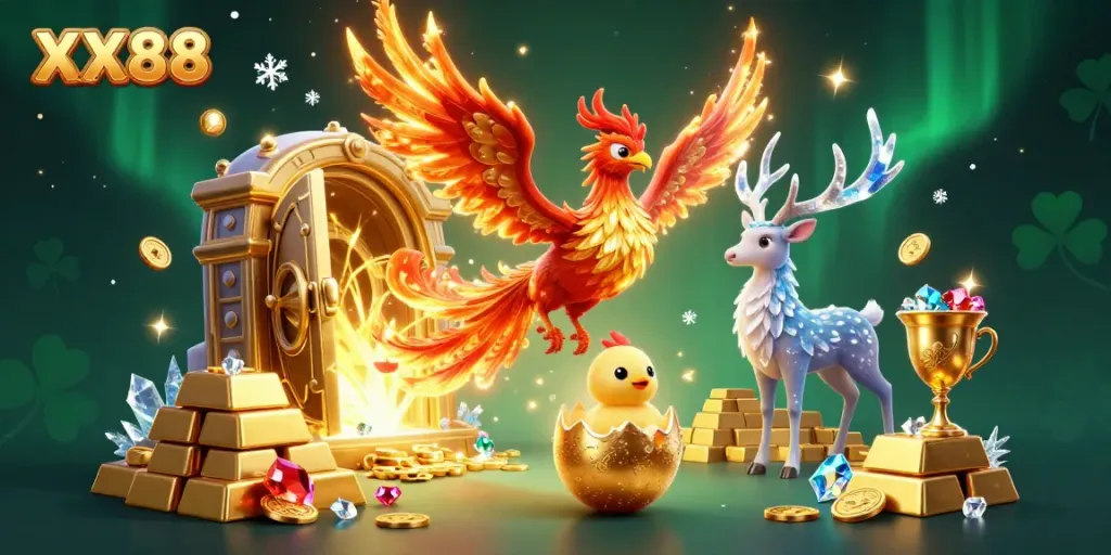 Engage with the vibrant world of XX88, featuring a phoenix soaring over treasure amidst a mythical casino backdrop.