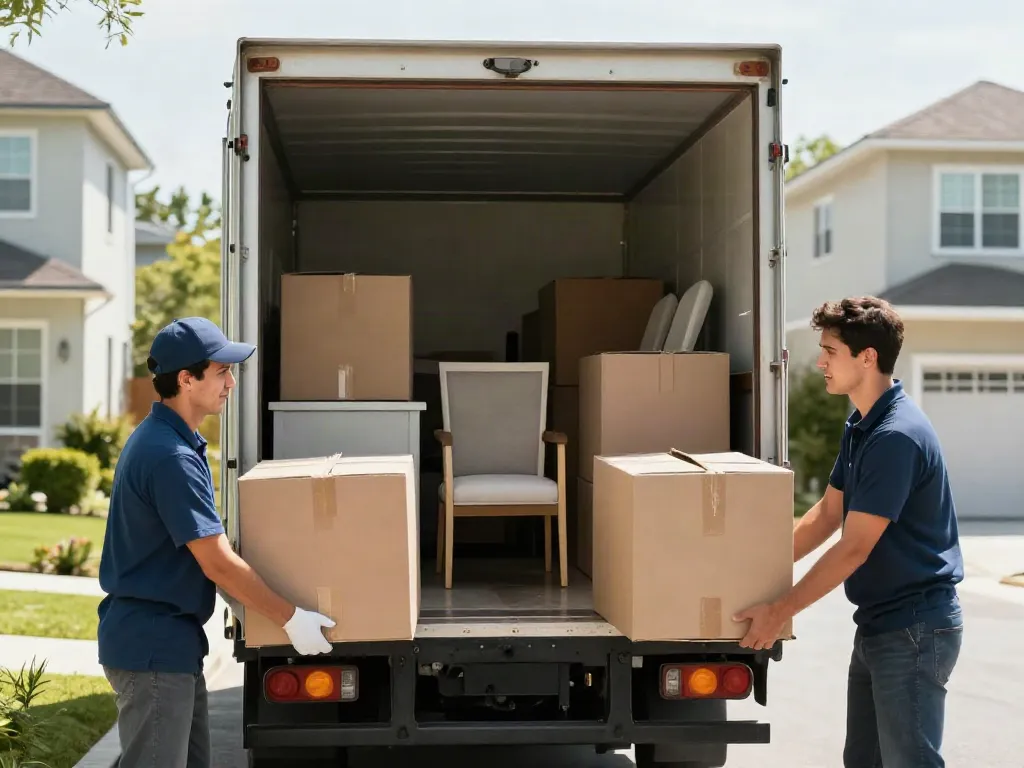 Les déménageurs Lausanne professionnels chargent un camion avec soin.