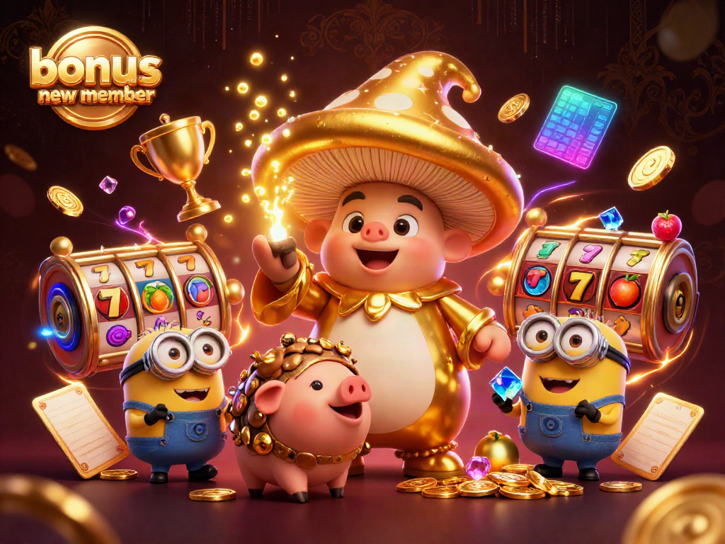 Experience the excitement of a bonus new member offer with magical characters in a lively casino scene.